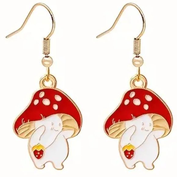 Mushroom Earrings Red Goblin Core Boho Hippie Strawberry Trippy Fun Wonderland - Picture 2 of 2